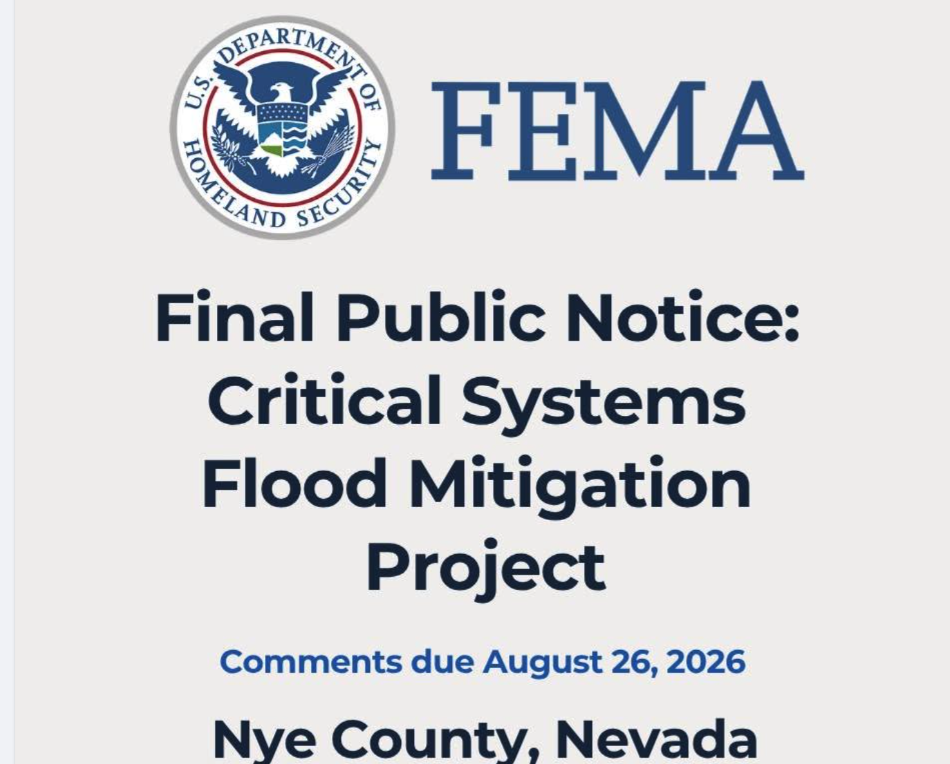 FEMA Final Public Notice: Critical Systems Flood Mitigation Project, Nye County, Nevada. Comments due August 26, 2026.