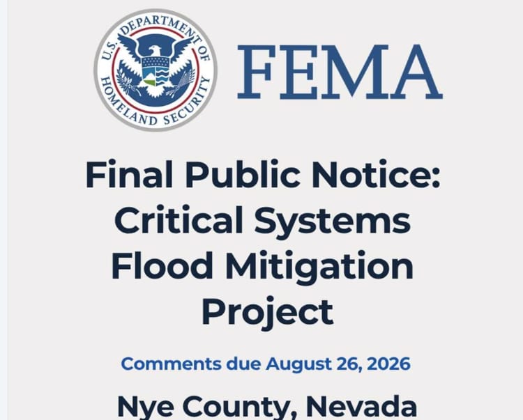FEMA Final Public Notice: Critical Systems Flood Mitigation Project, Nye County, Nevada. Comments due August 26, 2026.