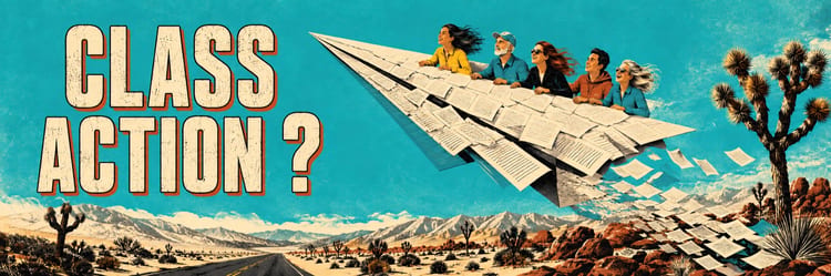 A paper airplane made of legal documents flying over the Nevada desert with five people riding on it, under the words CLASS ACTION with a question mark.