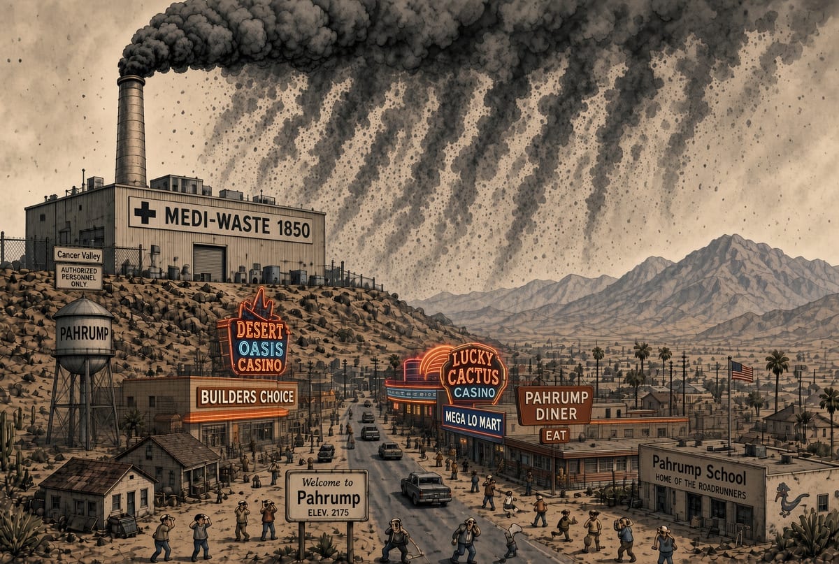 An illustration. A drawn view of Pahrump with a tall industrial smokestack on a hillside building marked MEDI-WASTE 1850, pouring black smoke across the valley. A sign on the fence reads Cancer Valley. Below sit a water tower reading Pahrump, a Welcome to Pahrump elevation sign, casino and store signs, a diner and Pahrump School, with people in the street looking up and covering their faces.