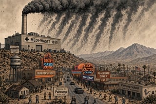 An illustration. A drawn view of Pahrump with a tall industrial smokestack on a hillside building marked MEDI-WASTE 1850, pouring black smoke across the valley. A sign on the fence reads Cancer Valley. Below sit a water tower reading Pahrump, a Welcome to Pahrump elevation sign, casino and store signs, a diner and Pahrump School, with people in the street looking up and covering their faces.